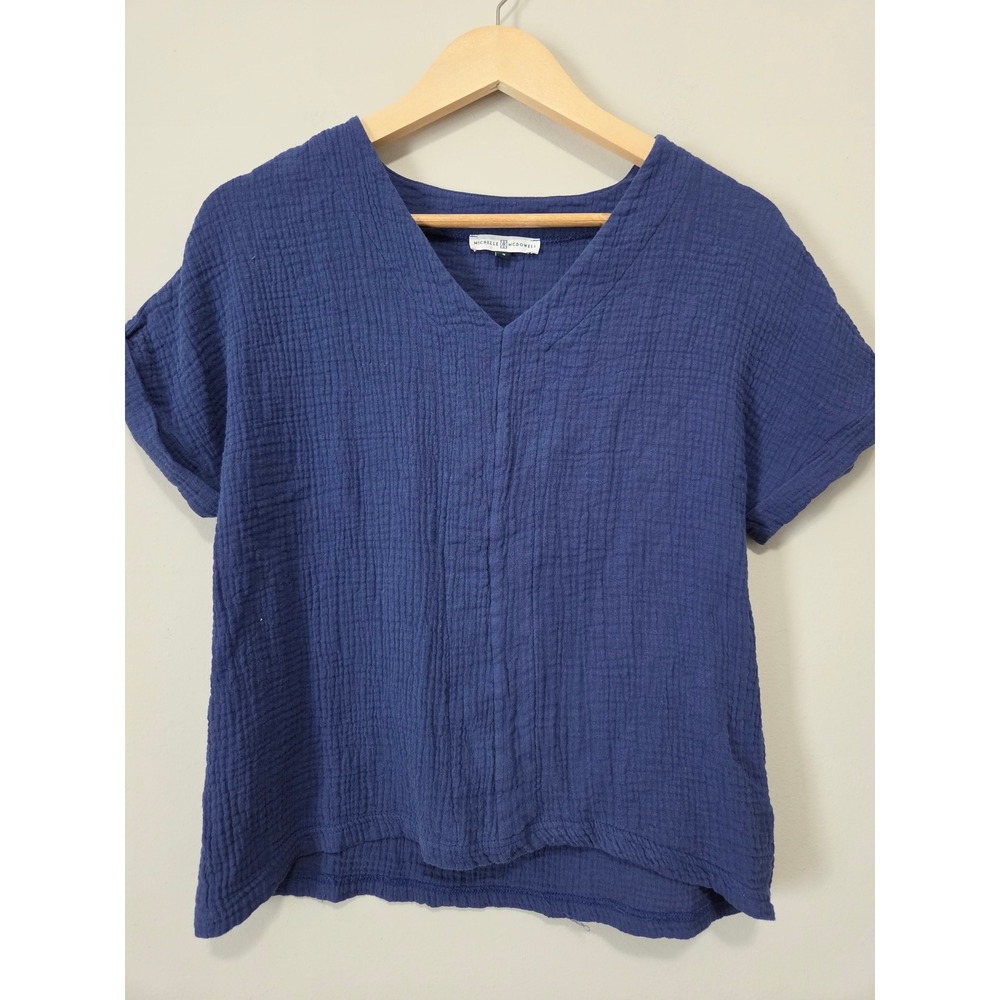 Michelle McDowell Blue Cotton Gauze V-Neck Short‎ Sleeve Blouse Top Small